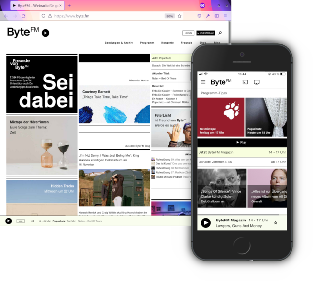 Screen shot of byte.fm, smartphone mock-up