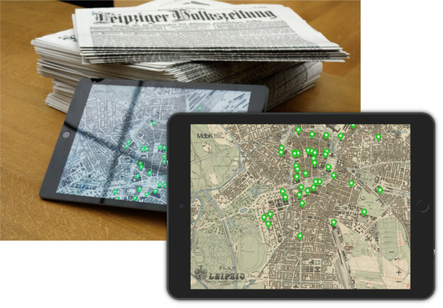 Ausstellungsansicht, iPad neben Zeitungen, Mockup mit Tablet